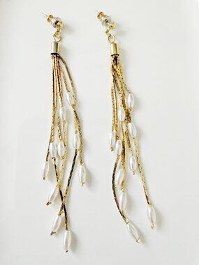 Vintage Gold Tone Waterfall Tassel Dangle Earrings with Faux Pearls
